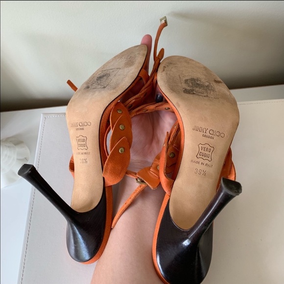 Jimmy Choo Orange & Brass Rivet Lace Sandals - Picture 6 of 8